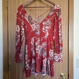 Revolve AFRM Paisley Long Sleeve Double V Neck  Mini Boho Dress
